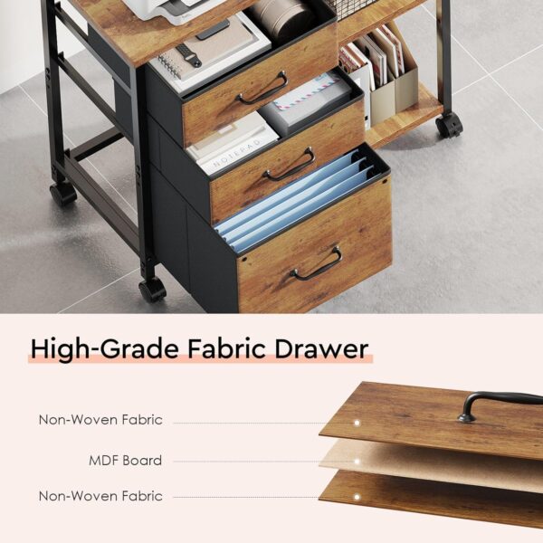 3 Drawer File Cabinet with Wheels Rolling Printer Stand with Open Storage Shelf Fabric Lateral Filing Cabinet for Home Office,Rustic Brown2 4 Cabinet