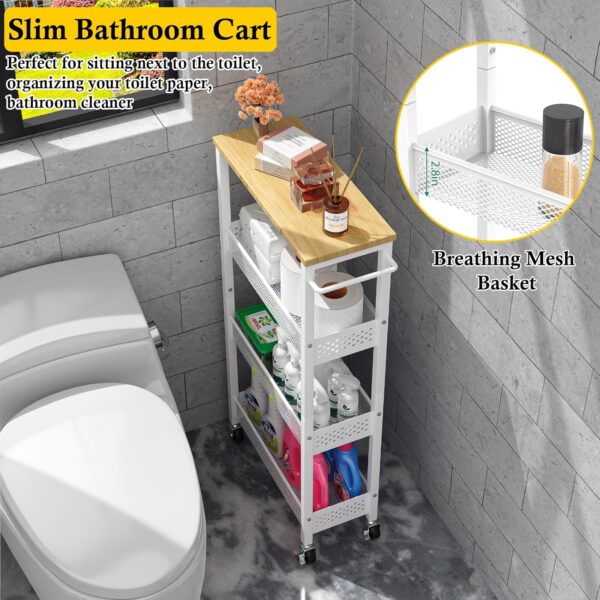 Utility Slim Storage Cart, 4 Tier Small Rolling Kitchen Laundry Room Cart with Wood Top, Metal Narrow Bathroom Storage Cabinet Mobile Shelf Unit Organizer Trolley with Handle for Narrow Space 4 Cart