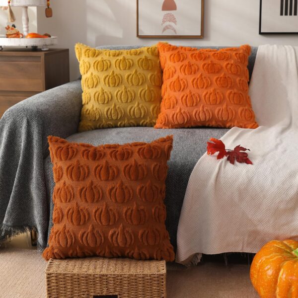 Fall Pillow Covers 18x18 Set of 2 Fall Decorations Autumn Rust Pumpkin Throw Pillow Cases Soft Plush Faux Fur Wool Couch Cushion Case for Chair Sofa Bedroom Living Room Home Decor PTK02A18 4 Covers
