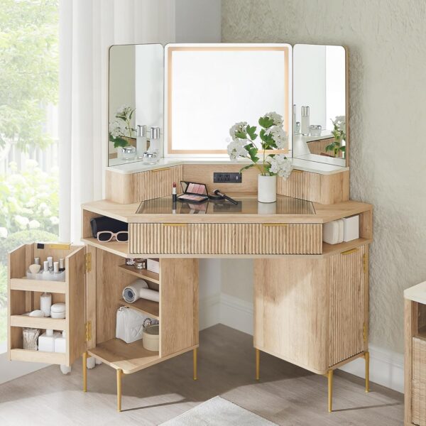 48'' Fluted Makeup Vanity Desk with HD Triple Mirror and Lights 2