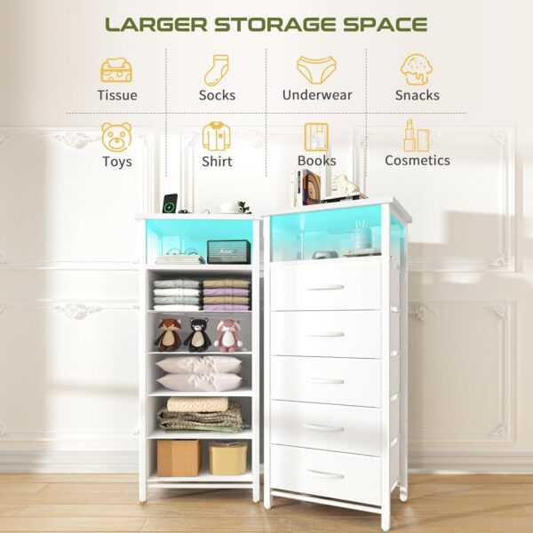 5 Drawers Dresser for Bedroom, Tall Nightstand with Charging Station, Fabric Dresser for Closet with Storage Shelf, Vertical Dressers Chest LED Night Stand, Bedside Table for Dorm Living Room 3 Nightstand