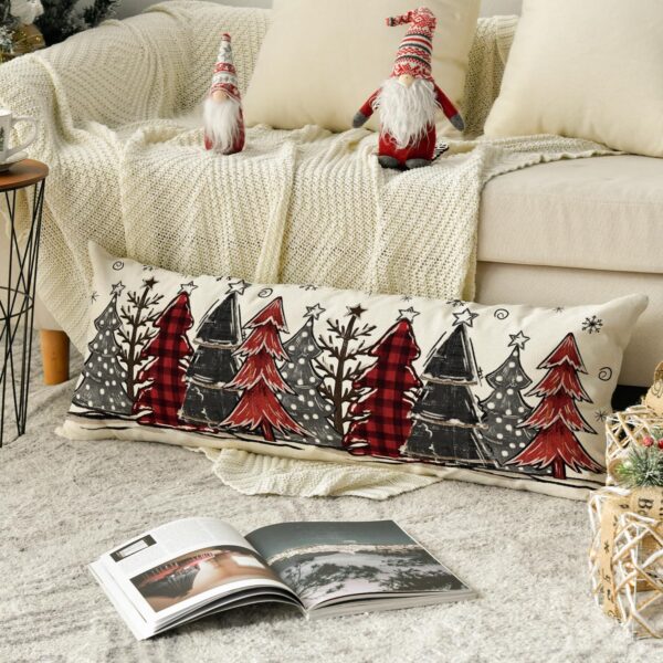Watercolor Red and Black Buffalo Plaid Christmas Trees Long Lumbar Pillow Cover 14 x 36 Inch, Winter Holiday Long Body Pillow Case for Bed Sofa Bench 3 Cover