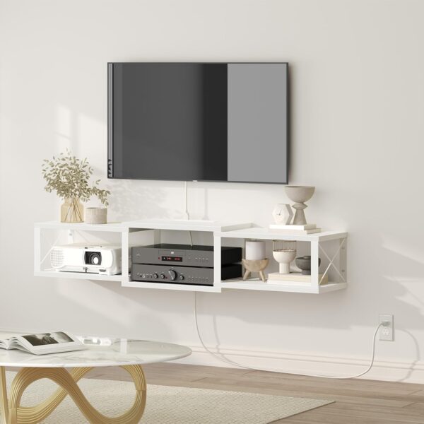 Floating TV Stand with Power Outlet, Wall-Mounted Entertainment Console Center with Storage, Floating TV Shelf for Under TV Storage, for Living Room, Bedroom, White TVBW101E01 5 Outlet
