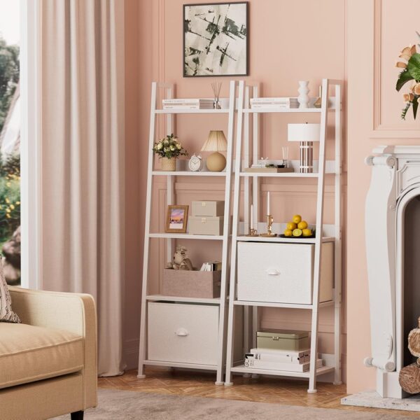 5-Tier White Ladder Shelf, Ladder Bookshelf with Removable Drawer, Mordern Bookcase Storage Rack Organizer, Wood Metal Freestanding Storage Shelves for Living Room, Home Office, Bedroom 3 Shelf