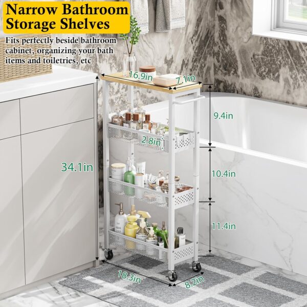 Utility Slim Storage Cart, 4 Tier Small Rolling Kitchen Laundry Room Cart with Wood Top, Metal Narrow Bathroom Storage Cabinet Mobile Shelf Unit Organizer Trolley with Handle for Narrow Space 3 Cart