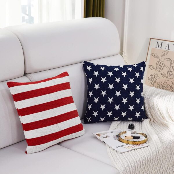 Patriotic Chenille Throw Pillow Covers, Set of 2, 18x18" (Blue), Geometric Stars, July 4th Accent for Sofa, Bed, Car 4 Patriotic Chenille Throw Pillow Covers