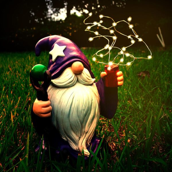 Resin Gnome Statue with Solar LED Firework Lights, Waterproof Garden Decor, Outdoor Yard Ornament, Lawn Patio Gift 1 Resin Gnome Statue with Solar LED Firework Lights