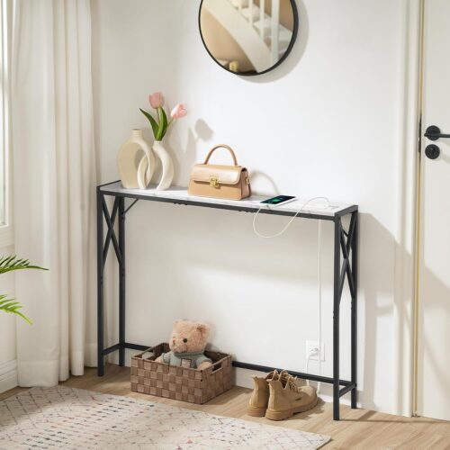 Sofa Table with Charging Station, 39.4" Narrow Console for Entryway, Hallway, Living Room, Marble Finish