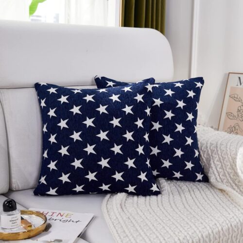 Patriotic Chenille Throw Pillow Covers, Set of 2, 18x18" (Blue), Geometric Stars, July 4th Accent for Sofa, Bed, Car