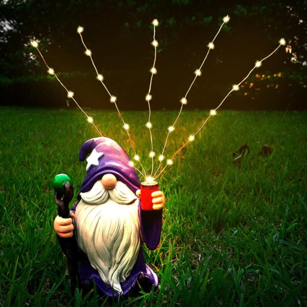 Resin Gnome Statue with Solar LED Firework Lights, Waterproof Garden Decor, Outdoor Yard Ornament, Lawn Patio Gift 4 Resin Gnome Statue with Solar LED Firework Lights