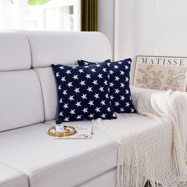 Patriotic Chenille Throw Pillow Covers, Set of 2, 18x18" (Blue), Geometric Stars, July 4th Accent for Sofa, Bed, Car 5 Patriotic Chenille Throw Pillow Covers