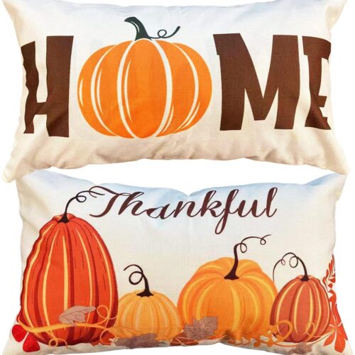 Fall Thanksgiving Pillow Covers, Set of 2, 12x20", Pumpkin & Maple Leaf Farmhouse Design, Autumn Decorative Cushions for Sofa