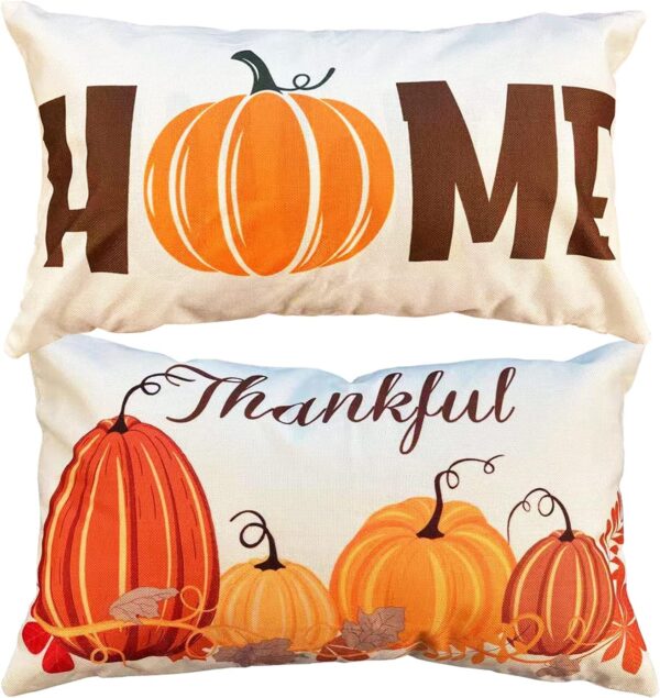 Fall Thanksgiving Pillow Covers, Set of 2, 12x20", Pumpkin & Maple Leaf Farmhouse Design, Autumn Decorative Cushions for Sofa 1 Fall Thanksgiving Pillow Covers