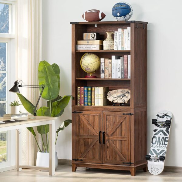 70in Tall Bookshelf 5 Tier Bookcase with Barn Doors and Adjustable Shelves, Brown Farmhouse Book Shelf with Storage Cabinet, Wood Freestanding Display Bookshelves for Bedroom, Living Room 1