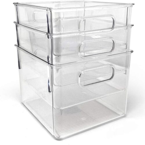 Isaac Jacobs 3-Pack Medium Clear Storage Bins with Handles, Plastic Organizer for Home or Fridge/Freezer, Pantry and Kitchen Non-Slip Container Set, BPA Free, Food Safe (3-Pack, Medium)