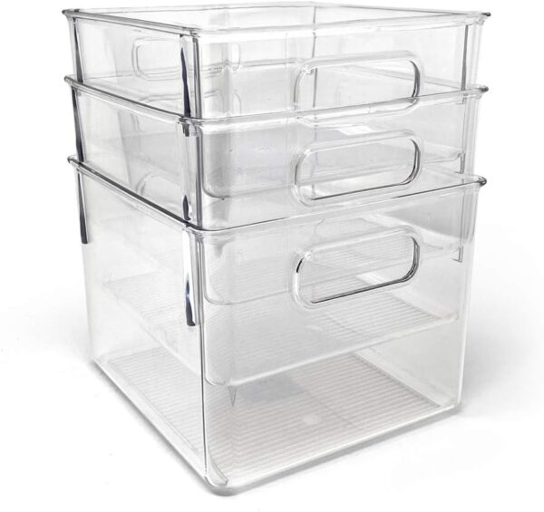 Isaac Jacobs 3-Pack Medium Clear Storage Bins with Handles, Plastic Organizer for Home or Fridge/Freezer, Pantry and Kitchen Non-Slip Container Set, BPA Free, Food Safe (3-Pack, Medium) 1