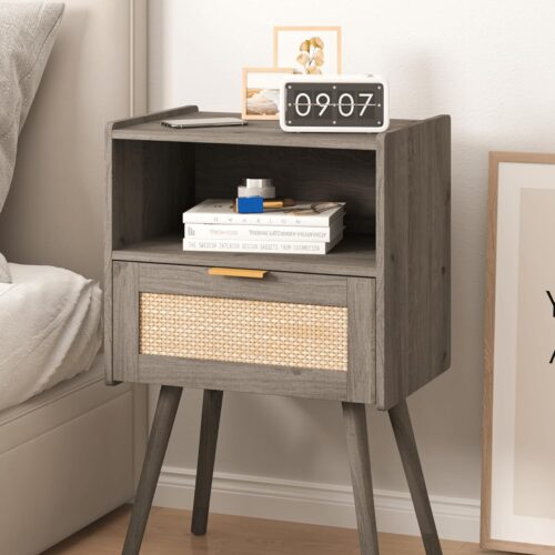 Rattan Nightstand,Modern Bedside Table with Storage Drawer and Open Wood Shelf, for Living Room, Bedroom and Small Spaces, Accent Night Stand with Solid Wood Legs, Easy Assembly(Grey Oak)