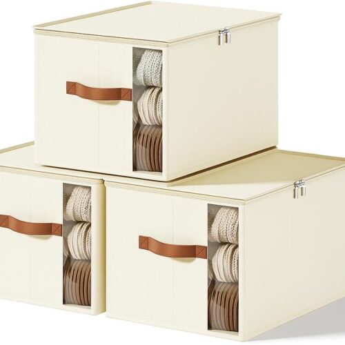 Clothes Storage Bins with Sturdy Frames, Foldable Fabric Clothing Organizer Box for Moving, Sweater Storage Cube with Lids and Zipper, Linen Closet Storage Bags for Blankets, Clothes, Sheet