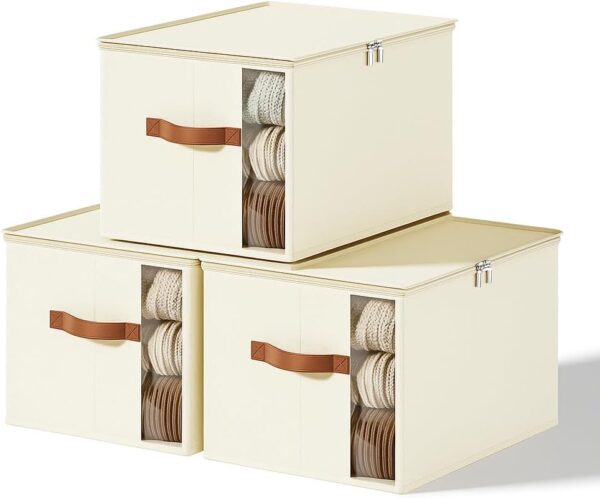 Clothes Storage Bins with Sturdy Frames, Foldable Fabric Clothing Organizer Box for Moving, Sweater Storage Cube with Lids and Zipper, Linen Closet Storage Bags for Blankets, Clothes, Sheet 1