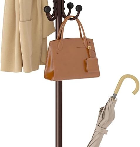 FAVOOSTY Coat Rack Freestanding,Coat Rack Stand with Umbrella Holder,Metal Coat Tree with 12 Hooks,Tree Clothes Hat for Entryway, Hallway, Bedroom, Living Room & Office -Brown