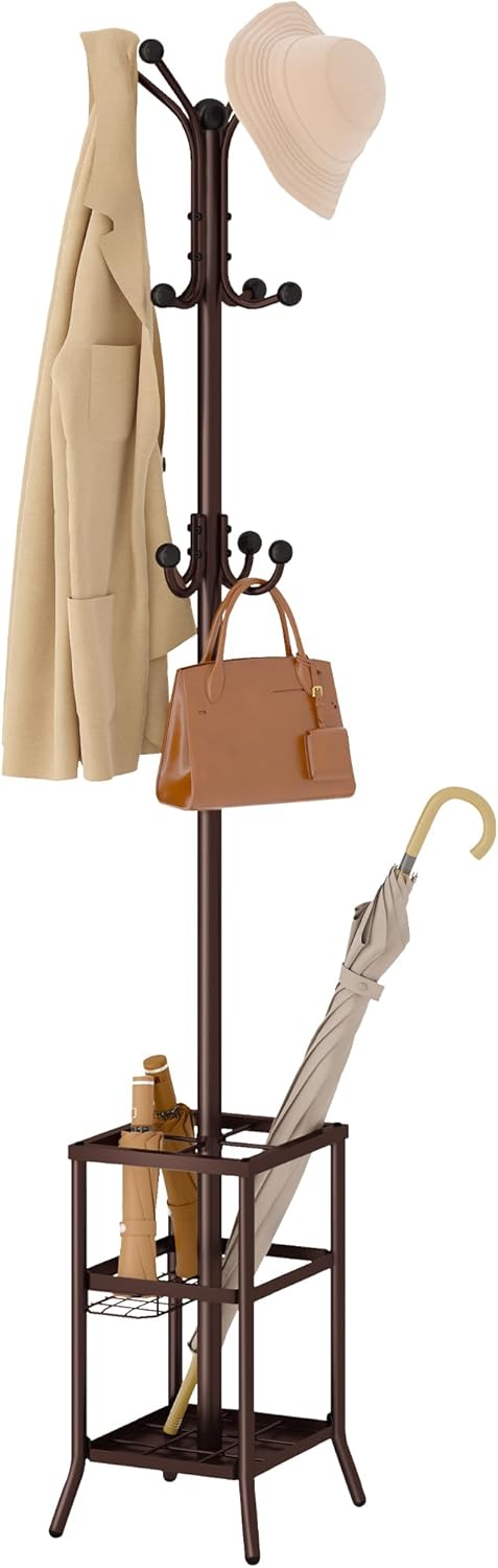 FAVOOSTY Coat Rack Freestanding,Coat Rack Stand with Umbrella Holder,Metal Coat Tree with 12 Hooks,Tree Clothes Hat for Entryway, Hallway, Bedroom, Living Room & Office -Brown 1
