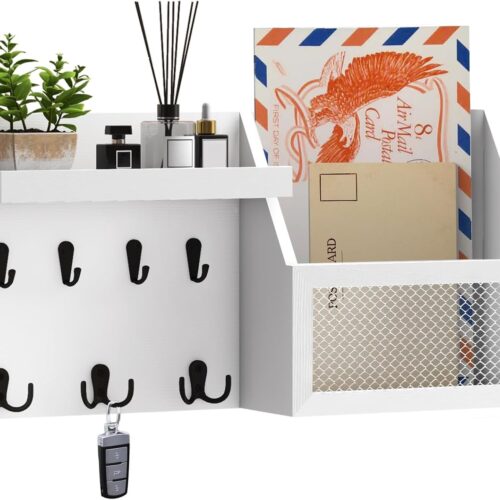Key Holder Wall Mount Pine Wood 16 X 8 Mail Organizer Farmhouse Key Rack for Wall with Hooks and Shelf, Rustic Wooden Key Hanger for Entryway (Rustic White)