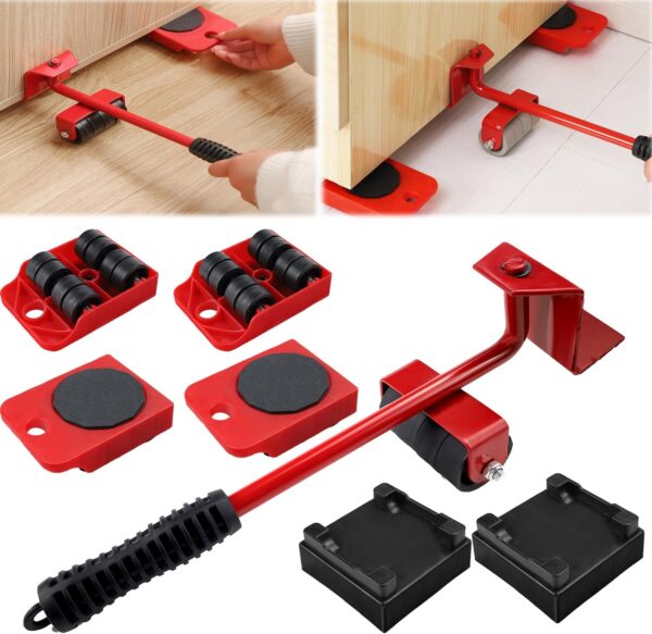 Heavy Duty Furniture Lift Mover Tool with 2PCS Furniture Risers, Furniture Movers Sliders with Adjustable Height Lifting Tool Lever & 4 Wheels, Furniture Mover Dolly Set for Refrigerator,Sofa 1