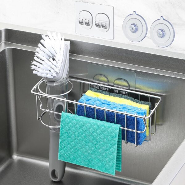 3-In-1 Sponge Holder for Kitchen Sink with Suction Cups & Adhesive Hook, In-sink Sponge Holder, Wall Hanging Sink Caddy Organizer Rack - Sponge, Dish Cloth, Brush, Scrubber - 304 Stainless Steel 1
