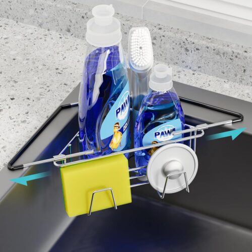 NiHome Stainless Steel Kitchen Sink Corner Caddy for Brushes, Soap, Sponges, Silver