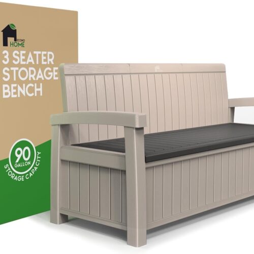EconoHome 3 Seat Outdoor Storage Bench - 90 Gallon Capacity - Weatherproof Resin Bench for Patio, Porch, Garden, Yard, Pool Area - Furniture for Pool Accessories, Gardening Tools, Toys