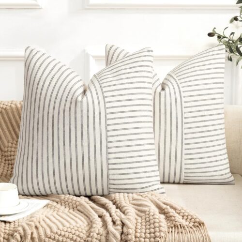 Farmhouse Pillow Covers 18x18, Modern Accent Square Throw Pillow Covers Set of 2, Gray and Beige Striped Patchwork Linen Decorative Pillows Cushion Covers for Couch Chair Bedroom Fall Decorations