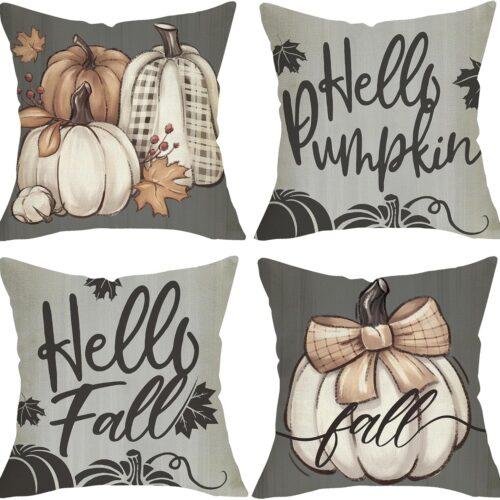 Hello Fall White Pumpkin Decorative Gray Throw Pillow Covers 18 x 18 Set of 4, Grey Autumn Harvest Maple Leaves Porch Outdoor Home Decor, Bow Buffalo Plaid Farmhouse Seasonal Couch Cushion Case