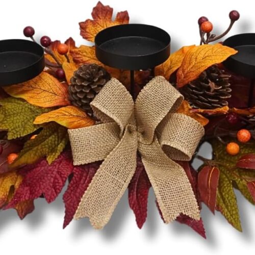 Thanksgiving Centerpiece with 3 Candle Holders,Fall Harvest Decor,Autumn Fall Maple Leaves Pumpkin Berry Candle Holder for Tabletop Display Table Kitchen Thanksgiving Décor,Harvest Festival