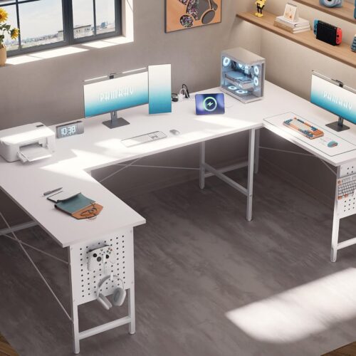 Pamray 71 Inch Large Computer Desk with Power Outlets,U Shaped Corner Desk for Home Office Work and Gaming White