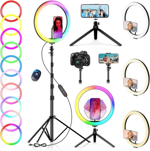 12" Selfie Ring Light with 73" Extendable Tripod Stand: PEYOU Desk Selfie Lights 38 Color Modes, Upgrade 3 in 1 Dimmable Adjustable Speed Ring Light for Makeup/TIK Tok/YouTube 1
