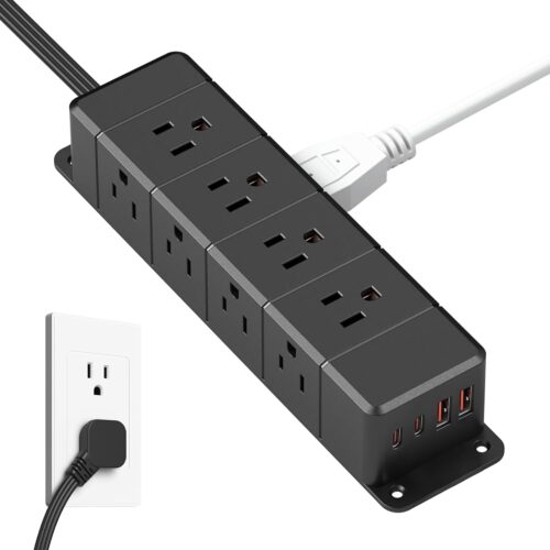 1 45W USB-C Fast Charging Under Desk Power Strip,12 Outlet Mountable Power Strip with 4 USB,1200J Surge Protection,6FT Flat Extension Cord Black