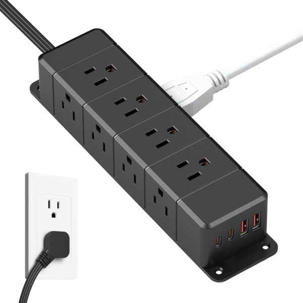 45W USB-C Fast Charging Under Desk Power Strip,12 Outlet Mountable Power Strip with 4 USB,1200J Surge Protection,6FT Flat Extension Cord Black 1