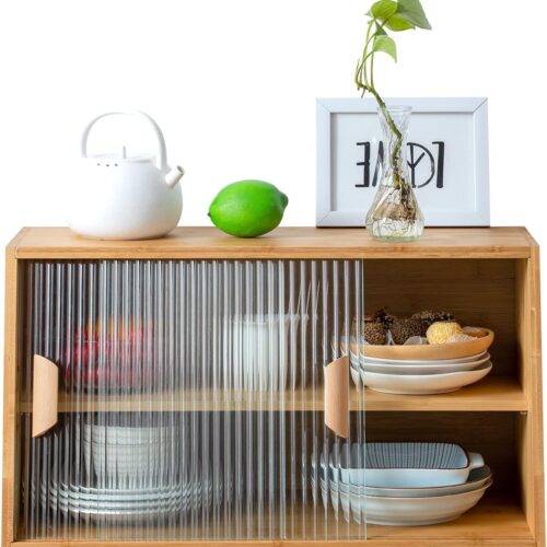 1 Small Bamboo Kitchen Pantry Sideboard with 2 Glass Doors and Adjustable Shelf, Freestanding Countertop Storage Cabinet for Bottles, Dish, Bowl, Console Dining Cupboard, Burlywood