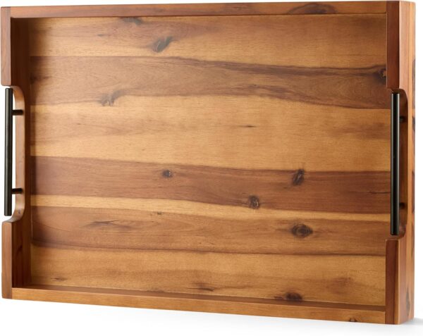 20 Inch Acacia Wood Ottoman Tray with Metal Handle - Wooden Square Serving Tray - Extra Large Food Trays for Decorative, Coffee Table, Breakfast in Bed - Charcuterie Trays Use for Kitchen 1