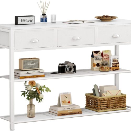 1 White Entryway Table, 38'' Console Sofa Table with 3 Fabric Drawers, Industrial Entry Way Table with Storage Shelves, Display Shelf for Living Room, Hallway, Entrance, Foyer