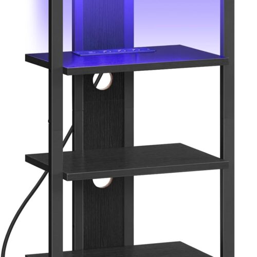1 4-Tier AV Media Console With Charging Station and LED Light, Wooden Stereo Cabinet, Corner TV Stand, Record Player, Entertainment Device, Black BB38UDCJ01