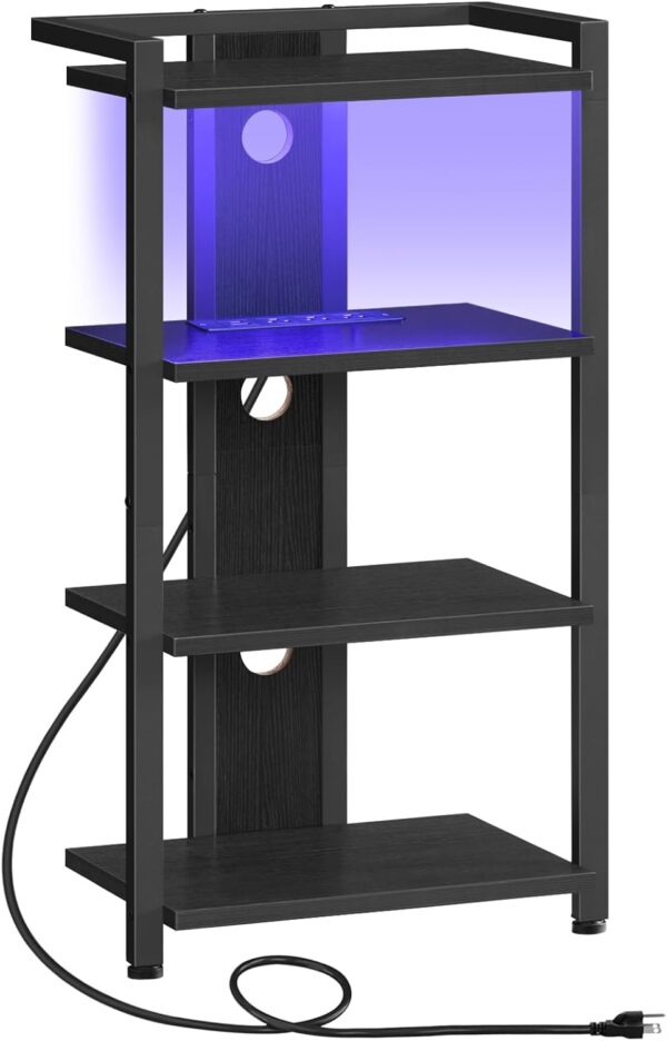 4-Tier AV Media Console With Charging Station and LED Light, Wooden Stereo Cabinet, Corner TV Stand, Record Player, Entertainment Device, Black BB38UDCJ01 1