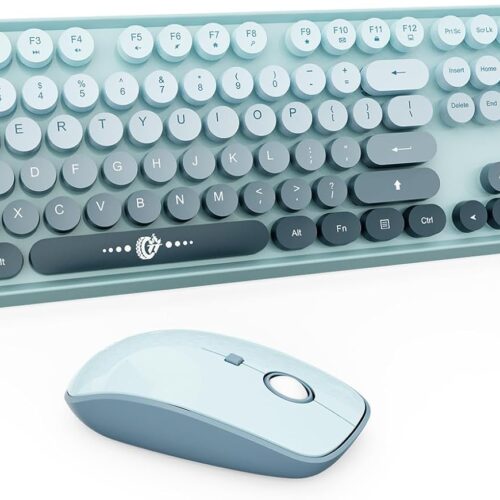 1 Wireless Keyboard and Mouse Combo - Cute Colorful Keyboard and Mouse, Full-Size Retro Typewriter Keyboard with 2.4GHz Plug & Play, for Windows 11/10/7, Laptop, PC (Blue)