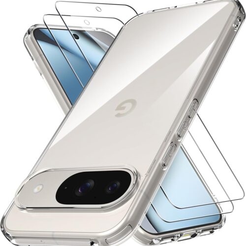 Designed for Google Pixel 10/Pixel 10 Pro Case: Anti Yellowing Clear Phone Case & 2 Pack Tempered Glass Screen Protector.9H Hardness Military Grade Protection Support Fingerprint Unlocking