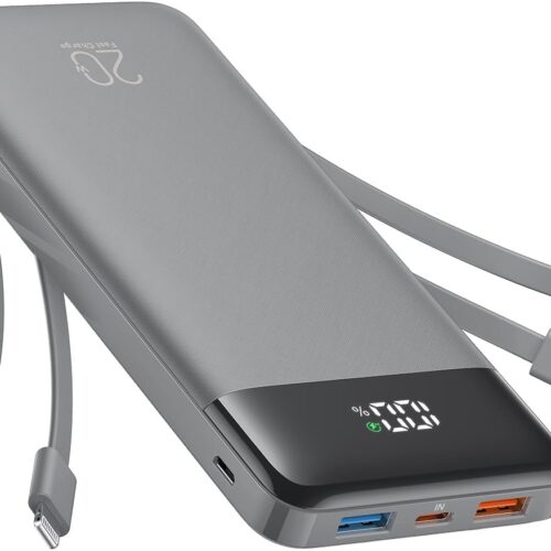 1 20000mAh Portable Charger with Built in Cables, 22.5W Travel Power Bank Fast Charging, USB C Cell Phone Battery Pack for iPhone 16/15/14/13/12/11 Series, iPad, Samsung, Android, Tablet