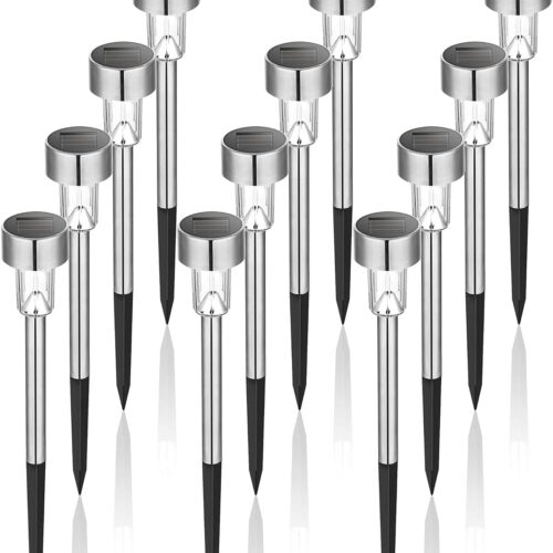 Solar Lights Outdoor Waterproof, 12 Pack, Stainless Steel LED Solar Garden Lights for Patio, Lawn, Yard and Landscape, Cold White