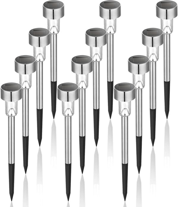 Solar Lights Outdoor Waterproof, 12 Pack, Stainless Steel LED Solar Garden Lights for Patio, Lawn, Yard and Landscape, Cold White 1