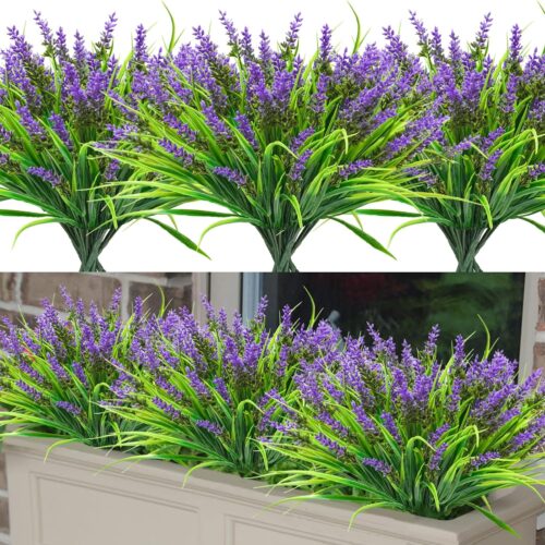 24 Bundles Artificial Grass Fake Plants, Outdoor Fake Monkey Grass Greenery UV Resistant Faux Plastic Shrubs Arrangement for Patio Garden Porch Home Window Hanging Planter Decor - Purple