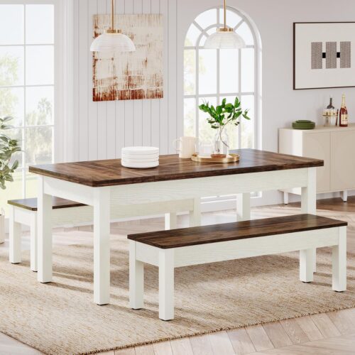 1 Tribesigns Farmhouse Kitchen Table Set for 4-6, 55-Inch Wooden Dining Table with 2 Benches, Space Saving 3 Pieces Heavy Duty Dinette for Dining Room, Kitchen, Small Space