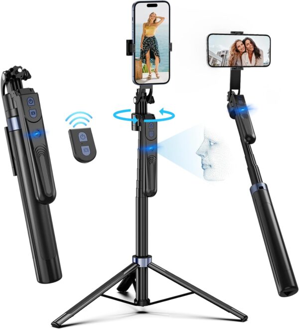 Auto Face Tracking Tripod 360 Rotation with Stand,Android and iPhone Tripod Holder with Remote and Gesture Control, No App,Built-in Tracking Camera Selfie Stick for Vlog Video Recording Tiktok 1
